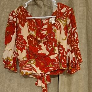 Elegant Red and Cream Floral Blouse